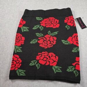 Material Girl Women's Black Red Rose Floral Knit Mini Skirt Size L